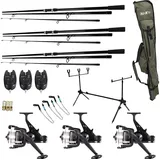 FISH-XPRO Komplettes 23-teiliges Karpfenset - 3 Karpfenruten - 3 Freilaufrollen inkl. Angelschnur - 3 Elektronische Bissanzeiger - 3 Swinger - 1 Rod Pod - 3 Heckstützen - 1 Reisetasche
