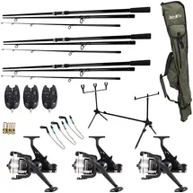 FISH-XPRO Komplettes 23-teiliges Karpfenset - 3 Karpfenruten - 3 Freilaufrollen inkl. Angelschnur - 3 Elektronische Bissanzeiger - 3 Swinger - 1 Rod Pod - 3 Heckstützen - 1 Reisetasche