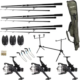 FISH-XPRO Komplettes 23-teiliges Karpfenset - 3 Karpfenruten - 3 Freilaufrollen inkl. Angelschnur - 3 Elektronische Bissanzeiger - 3 Swinger - 1 Rod Pod - 3 Heckstützen - 1 Reisetasche