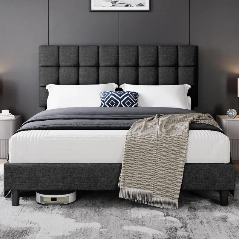 Yaheetech 160 cm B × 200 cm L Polsterbettgestell, modernes Plattformbettgestell mit stabiler Holzunterfederung, quadratisches, gepolstertes Kopfteil, höhenverstellbar, dunkelgrau