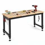 Fantask COSTWAY 122cm schwerlast Werkbank, höhenverstellbarer Arbeitstisch mit Metallrahmen, Lochwand, Steckdose & 2,5cm Massivholzplatte, Werktisch bis 9... - Schwarz/Naturbelassen