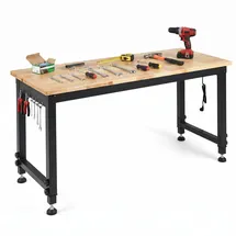 Fantask COSTWAY 122cm schwerlast Werkbank, höhenverstellbarer Arbeitstisch mit Metallrahmen, Lochwand, Steckdose & 2,5cm Massivholzplatte, Werktisch bis 9... - Schwarz/Naturbelassen