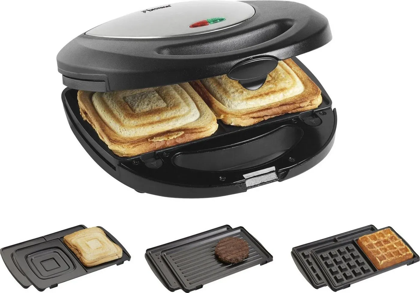 bestron Kontaktgrill ASM8010 3-in-1 Gerät, Sandwichmaker, Waffeleisen, 760 W, antihaftbeschichtet, Schwarz schwarz