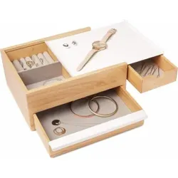 Umbra Stowit Design Schmuckkasten – moderne Schmuck Box mit Geheimfächern für Ringe, Armbänder, Uhren, Halsketten, Ohrringe und Accessoires, Holz / Metall, Weiß / Natur, Gross, 290245-668