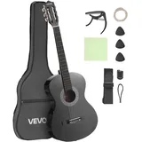 Vevor Konzertgitarre, 960 mm, Holz-Klassikgitarren-Starter-Set für Anfänger, mit Nylonsaiten, Gigbag, Gurt, Stimmgerät, zusätzlichen Saiten, Plektren, Kapodaster, Linde, für Einsteiger, Schwarz