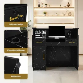 Barberpub Empfangstheke mit 3 Schubladen & 1 Schrank, Empfangstisch mit Beleuchtung, Abschließbar, Rezeptionstheke Kassentheke,R9759 (schwarz-gold)