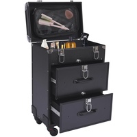 Kosmetikkoffer Trolley, Make Up Koffer Mit 2 Schubladen und 2 Schloss, Friseurkoffer Groß 36x23x58cm, Schminkkoffer mit Rollen 360° Drehbar, Große Kapazität (Schwarz)