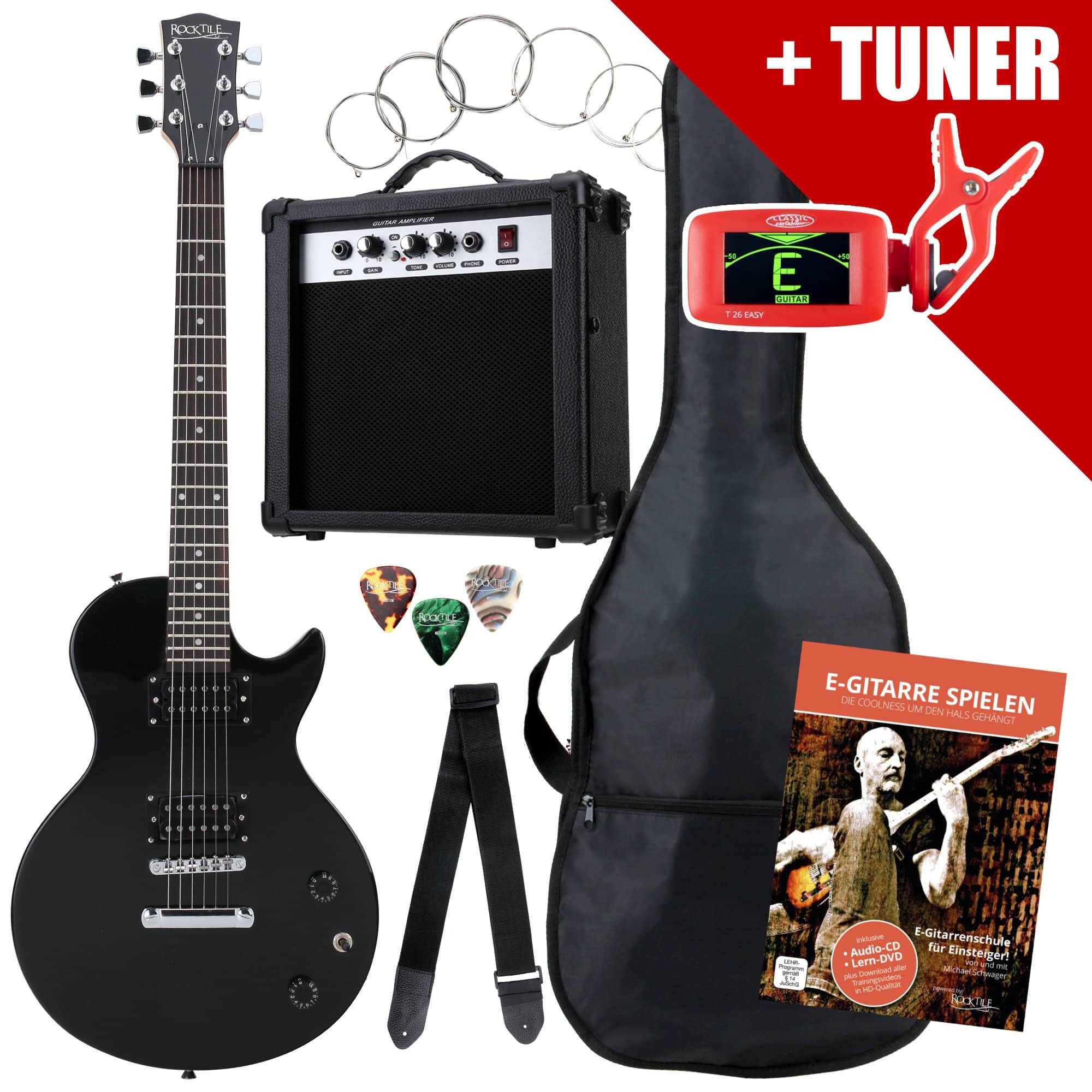 Rocktile L-Pack E-Gitarre Set Black inkl. Verstärker, Tasche, Stimmgerät, Kabel, Gurt, Saiten und Schule inkl. CD/DVD