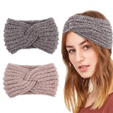 2 Pcs Strick Stirnband Damen,Stirnbänder Strick Winter Kopfband Haarband Ohrenwärmer Elastische Headband Verdicken Haarbänder Kopfband für Mädchen(Grau+Pink)