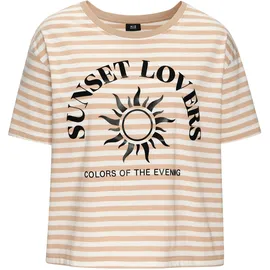 H.I.S. T-Shirt H.I.S, Damen, Gr. 48/50, braun (camelfarben gestreift), Web, Obermaterial: 100% Baumwolle, gestreift, figurumspielend hüftlang, Rundhals, normaler Saum, Shirts T-Shirt, gestreift mit Print, Loungewear