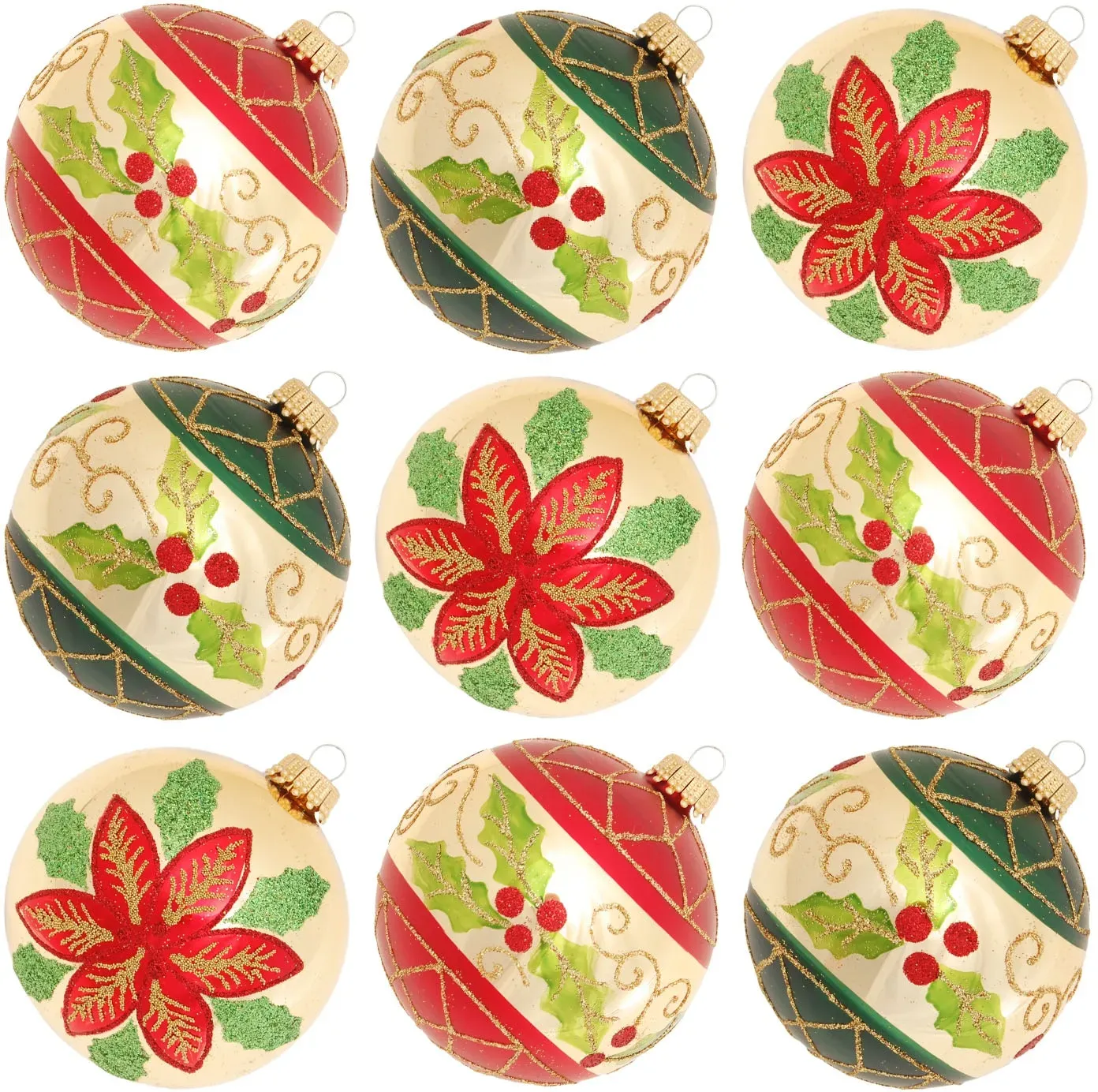 Weihnachtsbaumkugel KREBS GLAS LAUSCHA "KGL03372, Weihnachtsdeko, Christbaumschmuck, Christbaumkugeln Glas", bunt (grün, goldfarben, rot), Ø:8cm, Glas, Weihnachtsbaumkugeln, aus Glas, mit Blattdekor