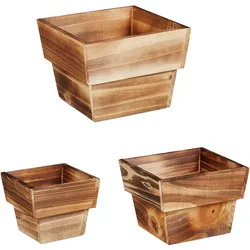 Relaxdays Blumentopf im 3er Set, geflammtes Holz, für außen & innen, viereckig, Deko für Pflanzen, Pflanzengefäß, natur