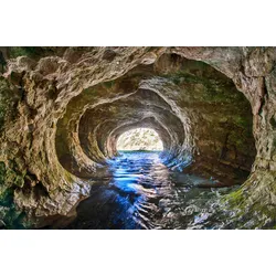 Fototapete PAPERMOON "GROTTE-NEUSEELAND HÖHLE STROM BERGE MEER FLUSS FELSEN", bunt, B:3,00m L:2,23m, Vlies, Tapeten
