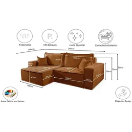 Kaiser L-förmiges Bohoo-Ecksofa mit Schlaffunktion Ziegel Rechts
