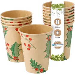 BIOZOYG 1000 Stück Kaffee-Trinkbecher 300ml / 12ozPappe Winterliche Bedruckung mit Zweigen, Einwegbecher Kaffeebecher Pappbecher, biologisch abbaubar