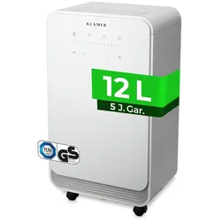 KLAMER Luftentfeuchter elektrisch 12L, 100m3 Luftumwälzung pro Stunde, 280W starker Raumentfeuchter, Entfeuchter mit bis zu 2 Liter Fassungsvermögen