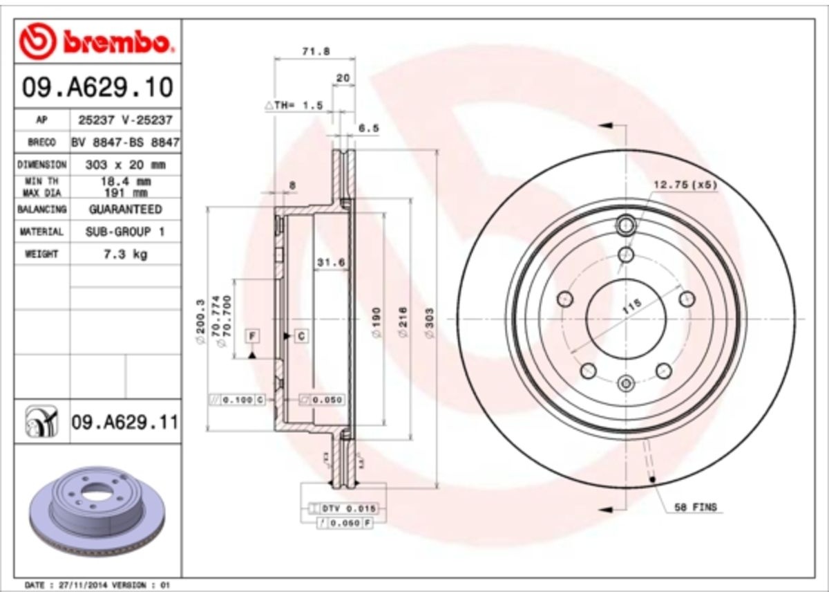 Bremsscheibe BREMBO 09A62911 hinten, belüftet, 1 Stück