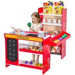 VEVOR Kinder-Lebensmittelladen-Spielset, Holz-Spielladen mit Einkaufstasche, Kinder-Supermarkt mit Förderband, Scanner, Registrierkasse, Obst und Gemüse, Geschenk für Kinder ab 3 Jahren