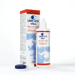Unicare Vita+ Mehrzweck-Kontaktlinsenlösung | 250 ML All-in-One-Reinigung | Desinfektion und Feuchtigkeitszufuhr für empfindliche Augen | Angereichert mit Dexpanthenol-Vitamin-Komplex