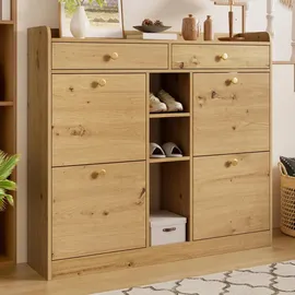 Okwish Schuhschrank 110 x 100 x 26 cm mit 4 Klapptüren und 2 Schubladen beige