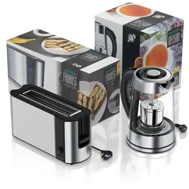 Arendo Frühstücks Set in Edelstahloptik Wasserkocher (mit Teesieb) & Toaster