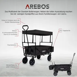 Arebos Bollerwagen faltbar schwarz inkl. 2 Netztaschen und Außentasche
