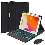 QYiiD Beleuchtete Tastatur Hülle mit Maus für iPad Mini 7.9 Zoll 5 /Mini 4/3/2/1, iPad Mini Hülle Abnehmbare Tastatur QWERTZ Abnehmbare Tastatur Hülle mit PU-Lederhülle,Pencil Halter, Schwarz