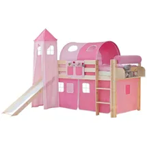 TICAA Hochbett Rutschbett mit Turm Kasper 90 x 200 cm Kiefer natur rosa