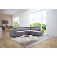thematys Ecksofa LUNA L mit Schlaffunktion & Bettkasten – aus Velours oder Cord Stoff, mit 5 verstellbaren Kopfstützen, – L-Form 250×183 cm – Schlafsofa mit Auszug grau