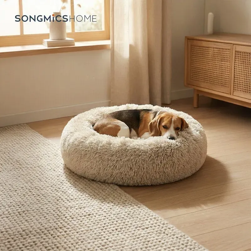 SONGMICS Flauschiges Hundebett, Katzenbett, Donut-Kissen, waschbar, herausnehmbare Polsterung in der Mitte, langfloriges Plüschmaterial, 90 cm Durchmesser, Ombre-Khaki