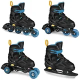 SPOKEY Quattro Set 4in1 Inliner/Rollschuhe/Triskates/Schlittschuhe VERSTELLBAR | für Kinder und Jugendliche | Inlineskates umbaubar zu Rollschuhe | Größen: 30-33, 34-37, 38-41 (Schwarz/Blau, 34-37)