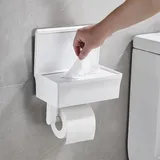 DOKKOME Toilettenpapierhalter mit Feuchttücherbox Klopapierhalter Ohne Bohren Klorollenhalter Rollenhalter Toilet Paper Holder mit Ablage für Badezimmer Selbstklebend Oder Bohren Weiß