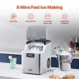 Vevor Eiswürfelbereiter Eisbereiter Eiswürfelmaschine 24 Würfel in 15 Minuten, 20,4 kg / 24 h, tragbarer Eiswürfelbereiter mit Schaufel & Korb, Eismaschine mit 3 Größen für Küche Bar Party