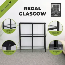Mein-Regal Standregal Glasgow Schwarz aus Metall mit Glasböden 90x100x350 cm