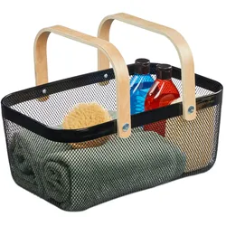 Relaxdays Drahtkorb mit Henkel, eckig, Aufbewahrungskorb Metall & Holz, Utensilienkorb Küche, Bad, Wohnzimmer, schwarz
