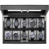 ProCase 10 Slot Uhrenbox, Uhrenkoffer mit Zahlenschloss, Uhrenkasten Uhrenaufbewahrung mit Glasdeckel -Schwarz