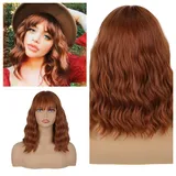 Greenmirr Short Auburn Braune BOB Wellige Perücken mit Pony Hitzebeständiges Kunsthaar 14in (Auburn Brown)