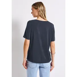 STREET ONE T-Shirt STREET ONE, Damen, Gr. 34, blau (deepwater blau), Stoff, 70% Modal, 30% Polyester, unifarben, normal normal, Rundhals, abgesteppt, Shirts T-Shirt, mit Wording