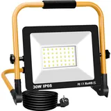 RIGIDON 30W LED Baustrahler, 3000LM Tragbarer Led Arbeitsscheinwerfer, Led Strahler Arbeitsstrahler Mit Stecker, IP66 Bauscheinwerfer, Für Werkstatt Baustelle Garage Garten, 6000K
