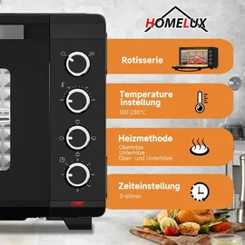 Homelux Minibackofen 60 Liter 2000W Pizza-Ofen, Mini Backofen mit Hähnchengrill, Ober-/Unterhitze, 60 Min Timer, 100°-230°C, Mini Oven Schwarz - Schwarz