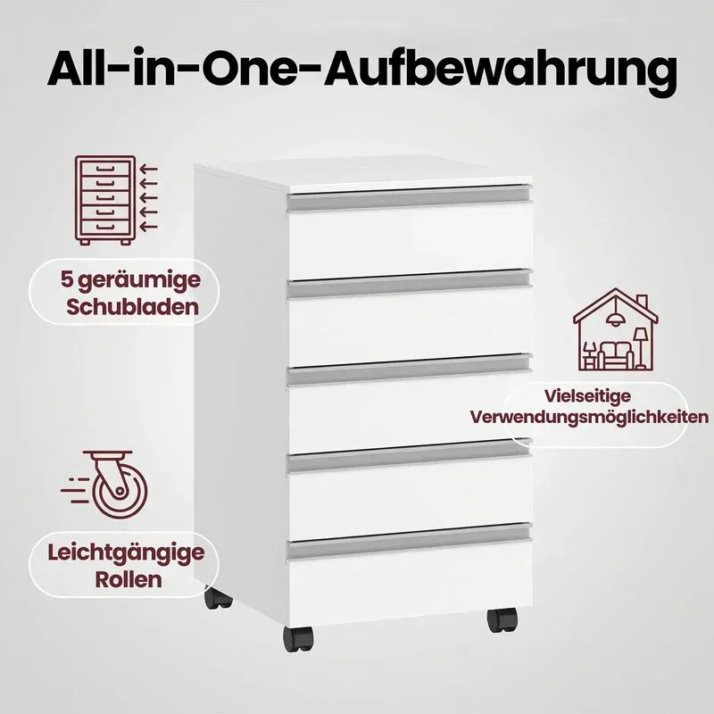 HaluPeit Rollcontainer, mobiler Aktenschrank, 5-Schubladen-Schrank, Aufbewahrungsschrank für Büro und Homeoffice, Weiß, 40 x 40 x 70 cm