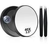 MIYADIVA 40X Vergrößerungsspiegel, Kleiner Vergrößerungsspiegel mit Saugnapf und Pinzette, als Reisespiegel, kompaktes Spiegelset zum Zupfen von Augenbrauen 3,5 Zoll