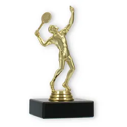Tennis Pokal Kunststofffigur Tennisspieler gold auf schwarzem Marmorsockel 12,9cm