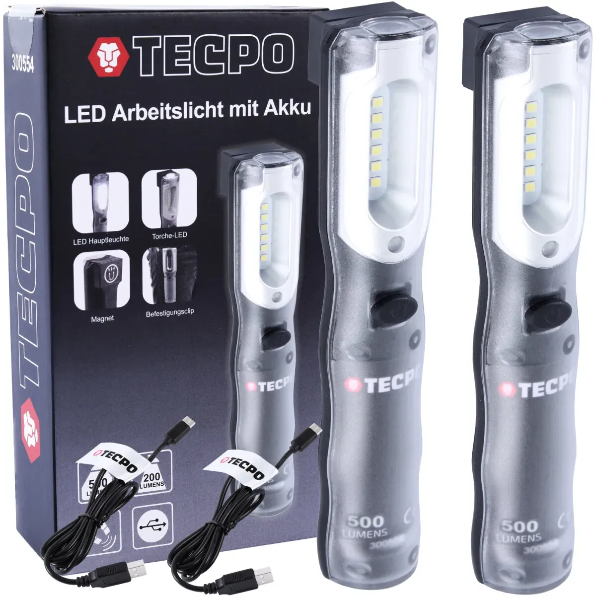 TECPO LED Inspektionsleuchte 500 Lumen mit USB Ladekabel, magnetisch