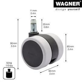 Wagner Bürostuhlrollen 5tlg. DESIGN - Ø 60 mm, intervallgebremst, Steckstift Tragkraft je 50 kg - DE Ware - 02007661