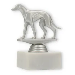 Pokal Kunststofffigur Windhund silbermetallic auf weißem Marmorsockel 11,6cm