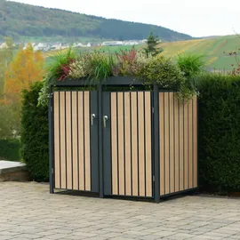 Zelsius Mülltonnenbox mit Pflanzdach für 2 Mülltonnen Anthrazit RAL 7016, Tür in Holzoptik