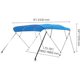 Vevor Bimini Top Bootsabdeckung Sonnenverdeck (4 Bögen) aus 600D Polyester mit Rahmen aus Aluminiumlegierung, wasserdichte Sonnenschutz-Bootsmarkise mit Aufbewahrungstasche, 185-198 cm (B) Blau