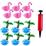 12 Stück Aufblasbare Getränkehalter PVC Aufblasbare Untersetzer Schwimmender Getränkehalter Flamingo mit Luftpumpe Aufblasbare Getränkehalter Kokosnussbaum Set für Sommer Familien Pool Party Deko