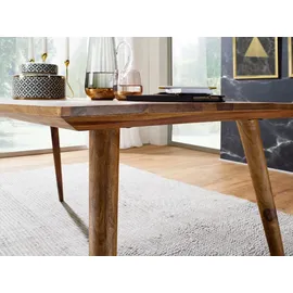 KADIMA DESIGN Massivholz Esstisch "SAVIO": Retro Landhausstil, handgefertigt, Sheesham-Holz, Braun mit Maserungen.